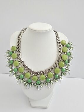 Chunky Lime Green Statement Bib Necklace – Silver Curb Chain – Multi-Tone Stone